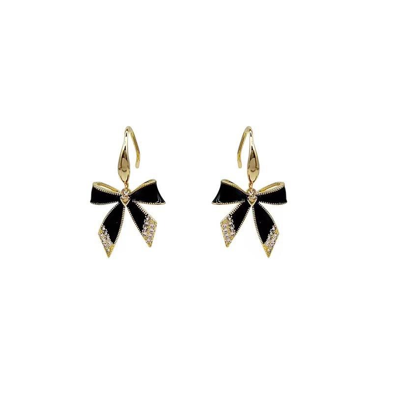 Korean New Black Bow Micro Diamond Earrings