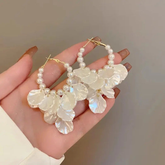 Lightweight Pearl Shell Flower Drop Hoop Earrings