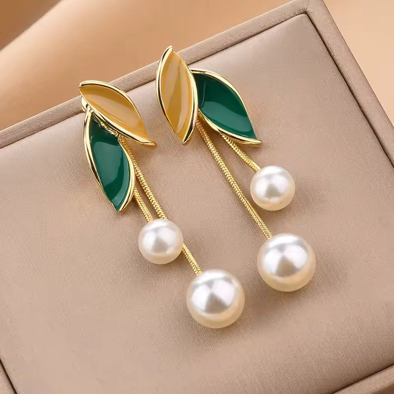 Pearl Leaf Drop Earrings