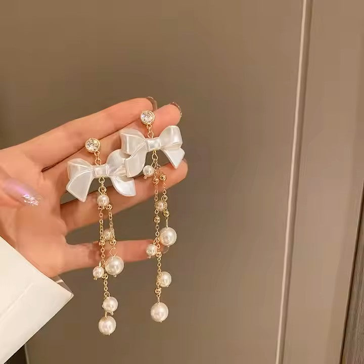 Pearl Bow Drop Earrings