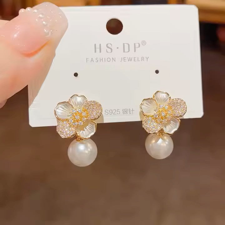 Flower Pearl Drop Earrings
