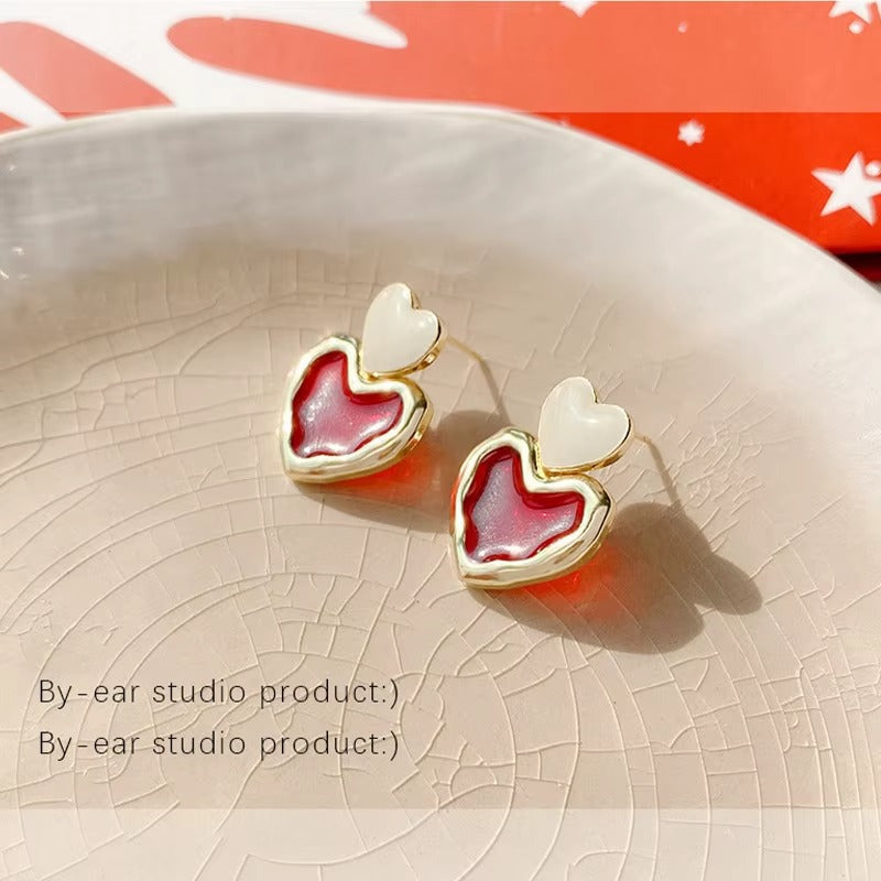Red & White Enameled Heart Studs