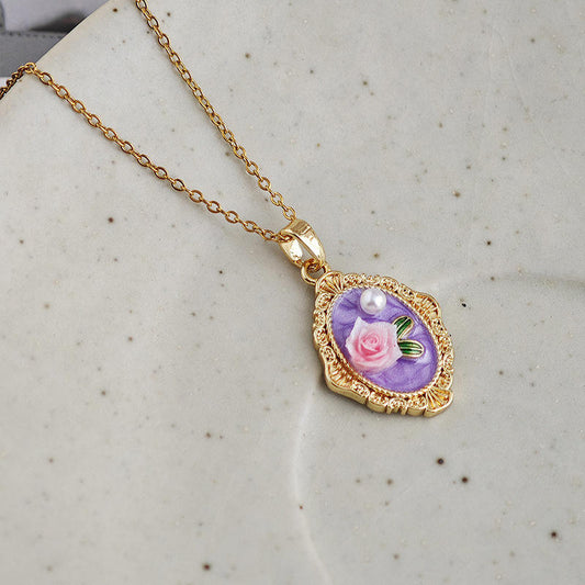 Anti Tarnish Retro Oval Flower-Painted Style Pendant Necklace