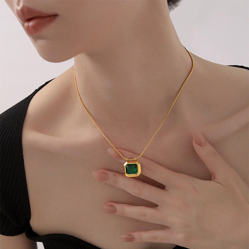 Anti Tarnish Square Cubic Emerald Style Stone Pendant Necklace