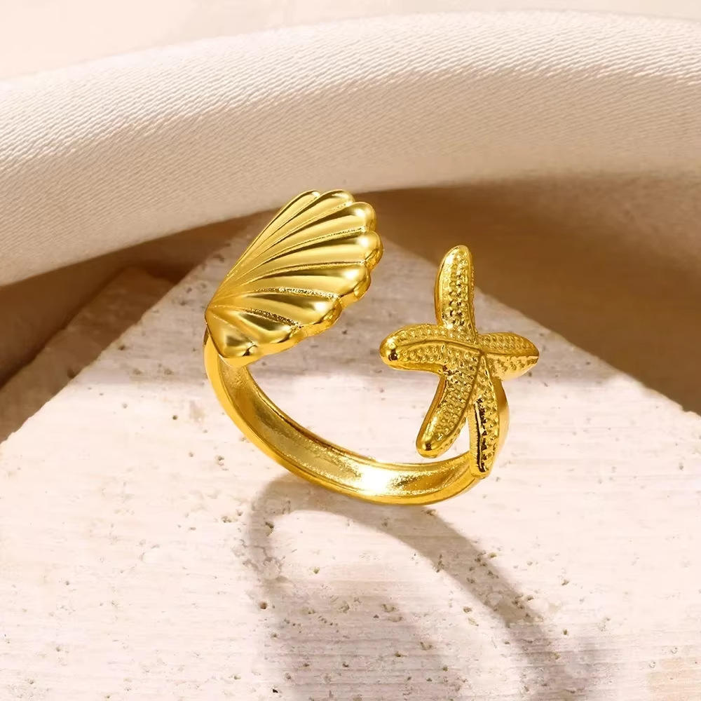 Anti-Tarnish Shell And Star Fish Ring