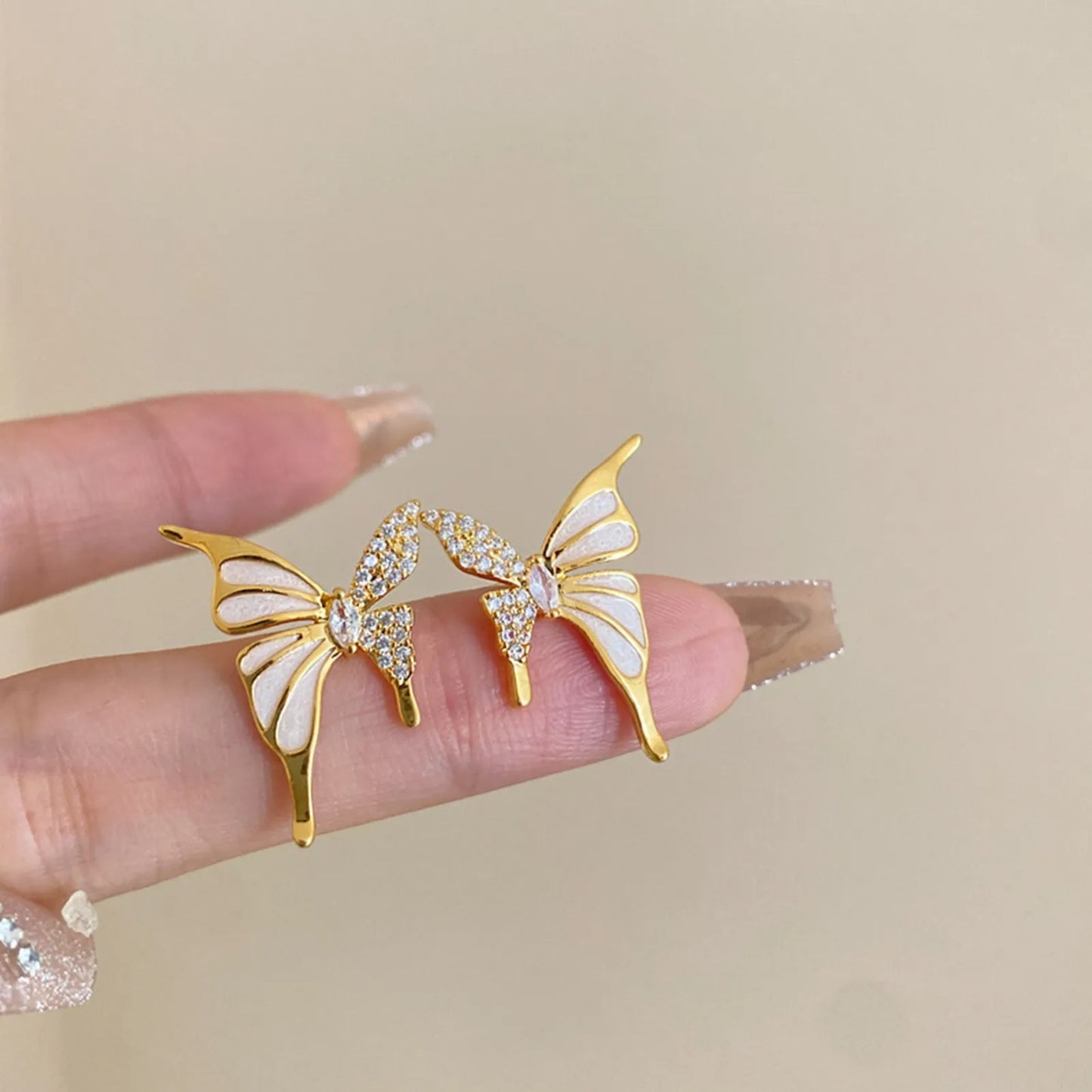 White Enamel & Stone Butterfly Stud Earrings
