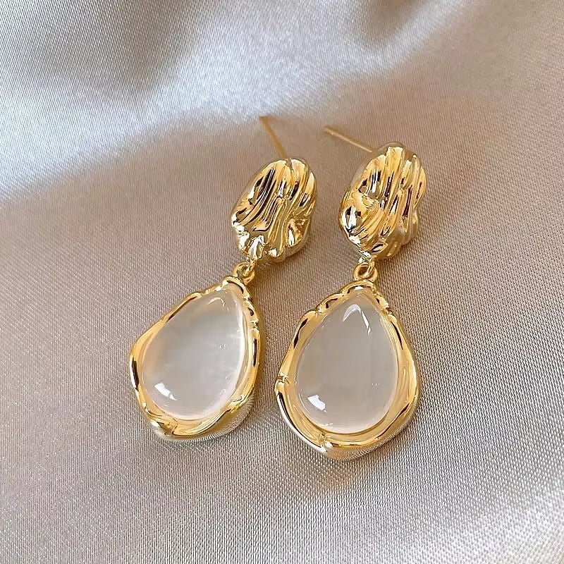 Golden Water Droplet Opal Drop Earrings