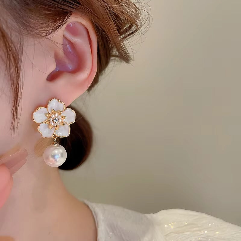 Floral Enamel Pearl Drop Earrings