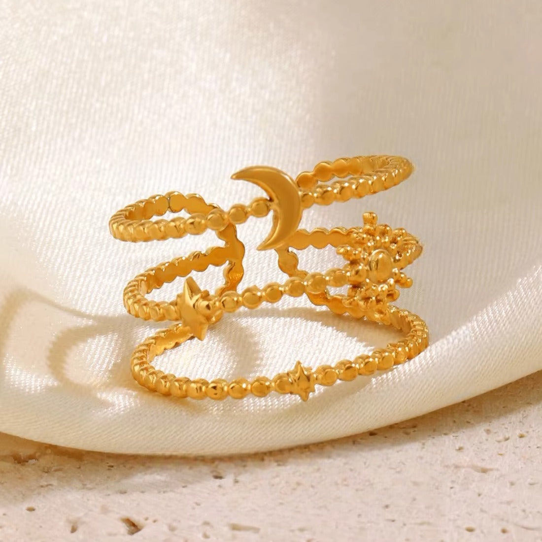 Anti-TarnishLeaf Moon, Stars & Sun Three Layer Ring