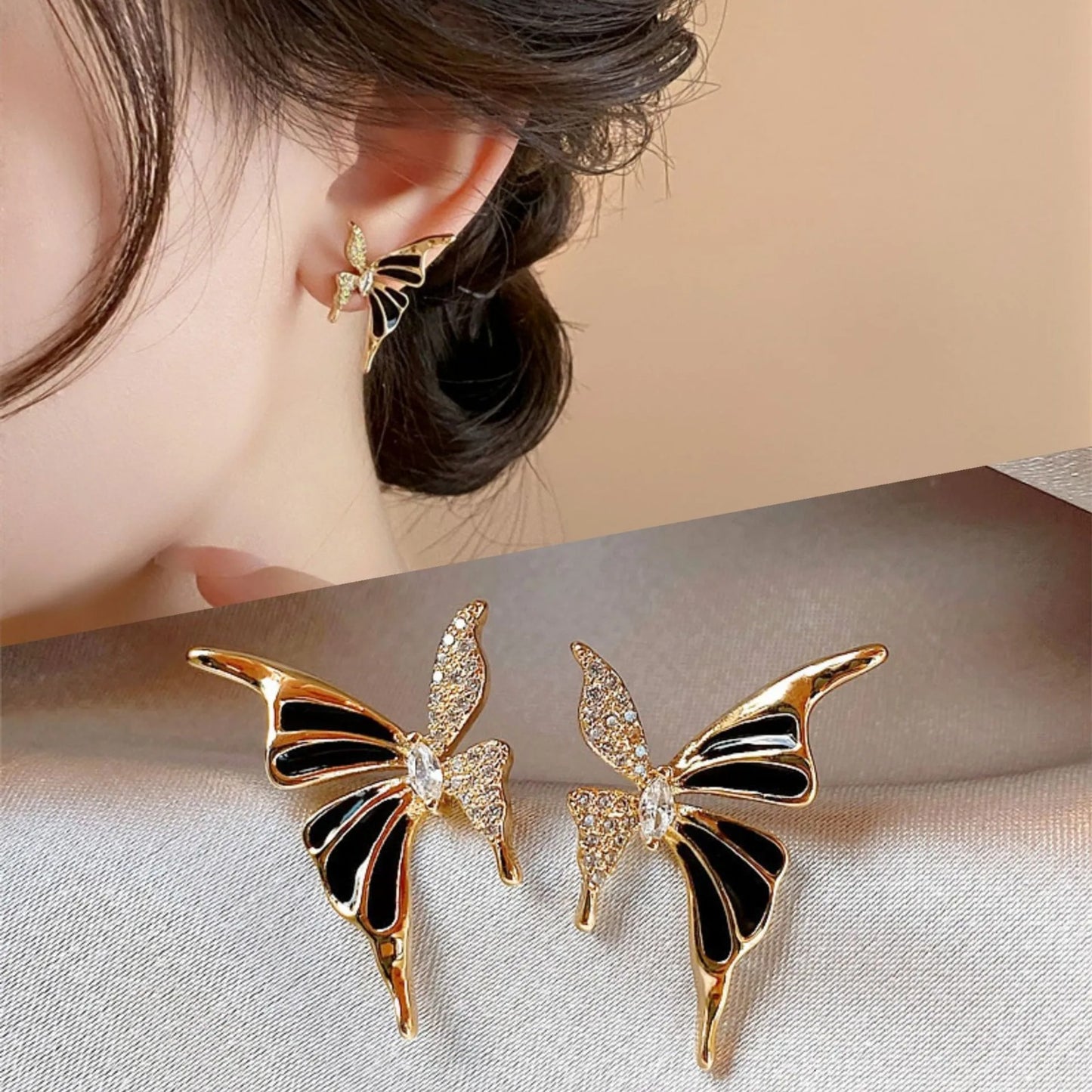 White Enamel & Stone Butterfly Stud Earrings