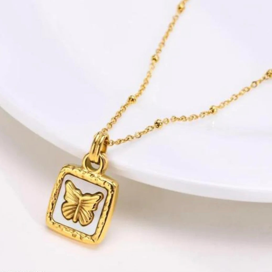 Butterfly Studded In Shell Square Necklace