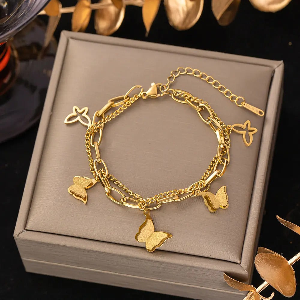 Butterfly Charm Dual Layer Chain Bracelet