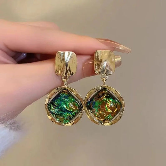 Vintage Green Geometric Drop Earrings