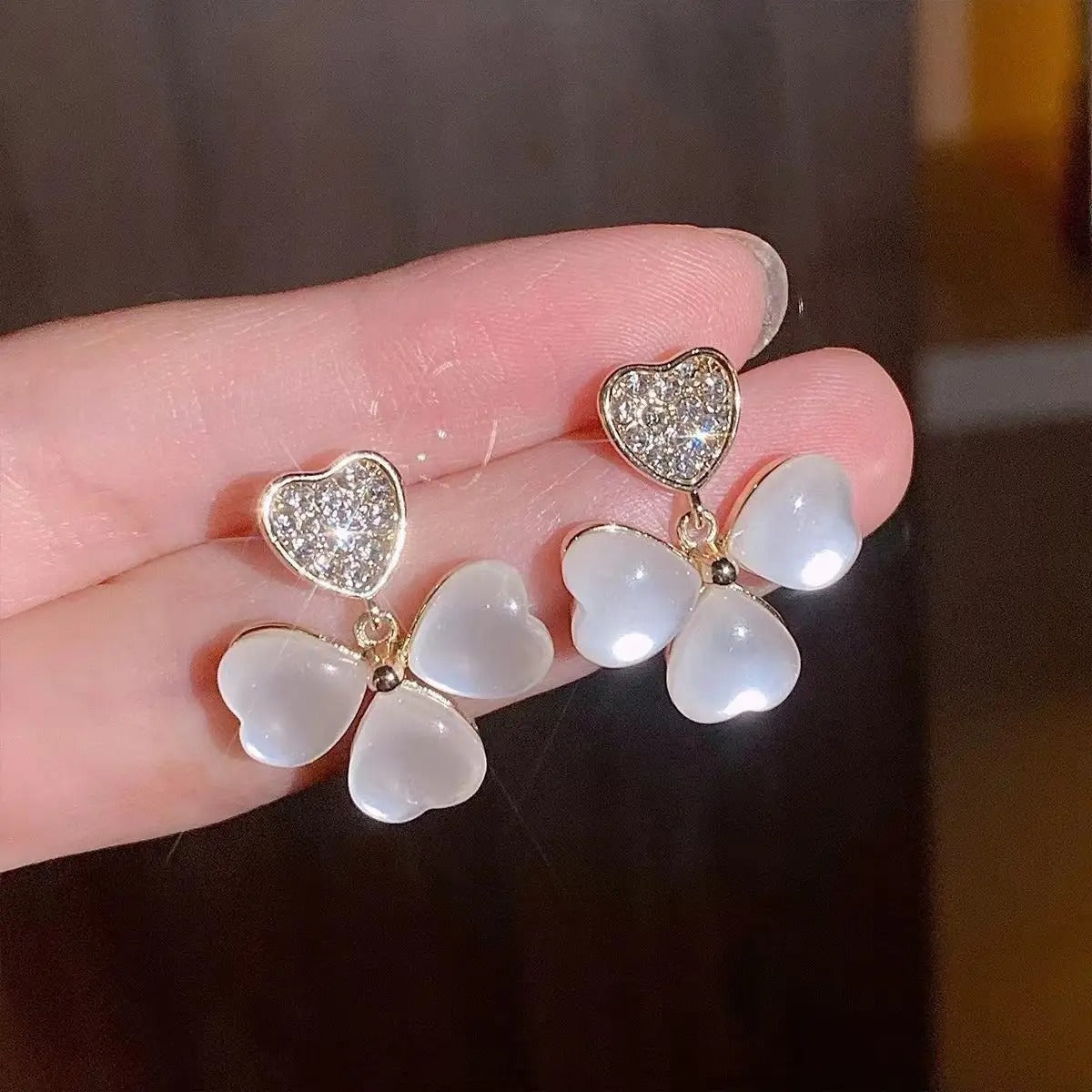 Opal Heart Clover Drop Earrings