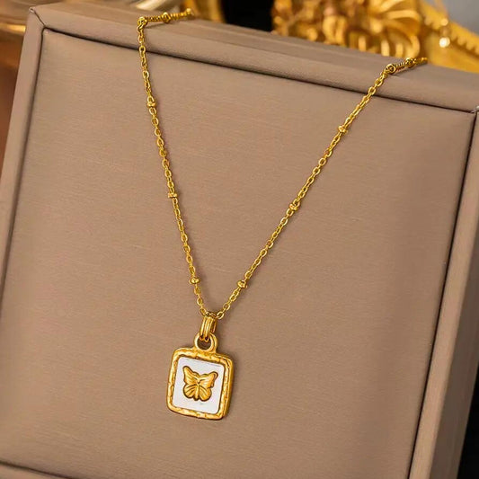 Butterfly Studded In Shell Square Necklace