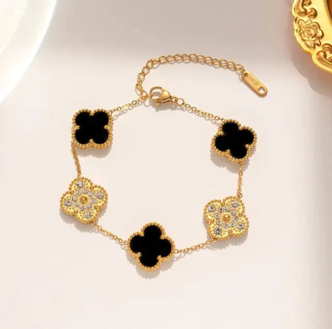Black 4 Four Leaf Clover Flower Bracelet With Stones