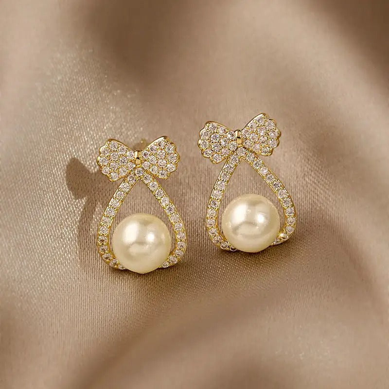Bow Knot Pearl Stud Earrings