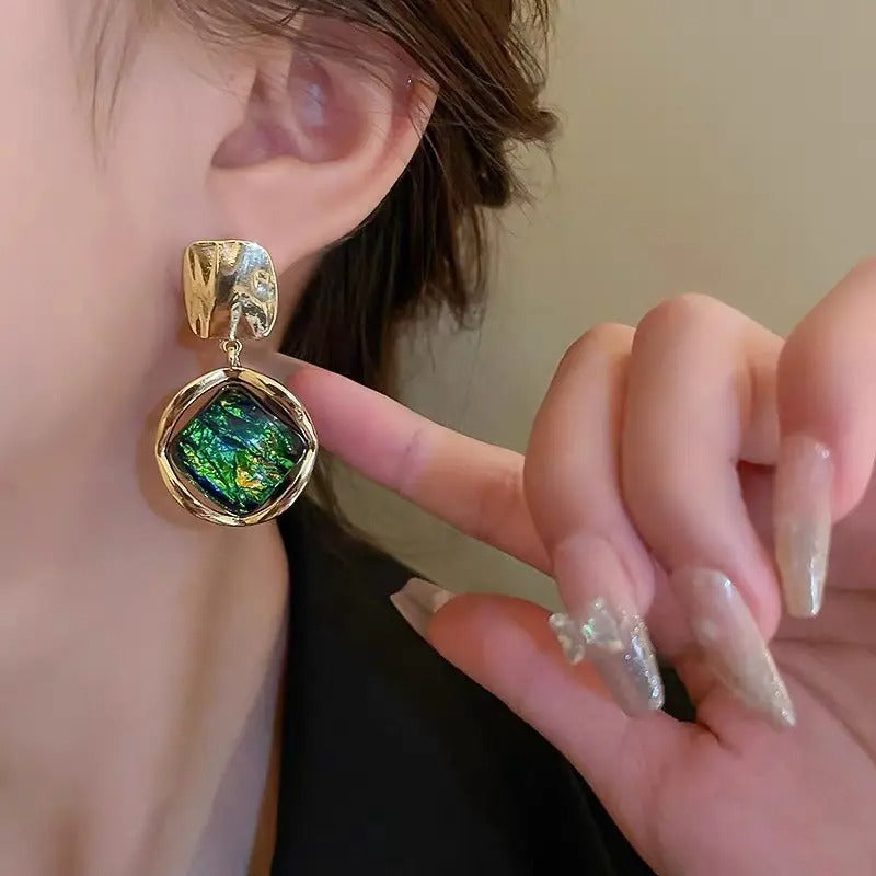 Vintage Green Geometric Drop Earrings