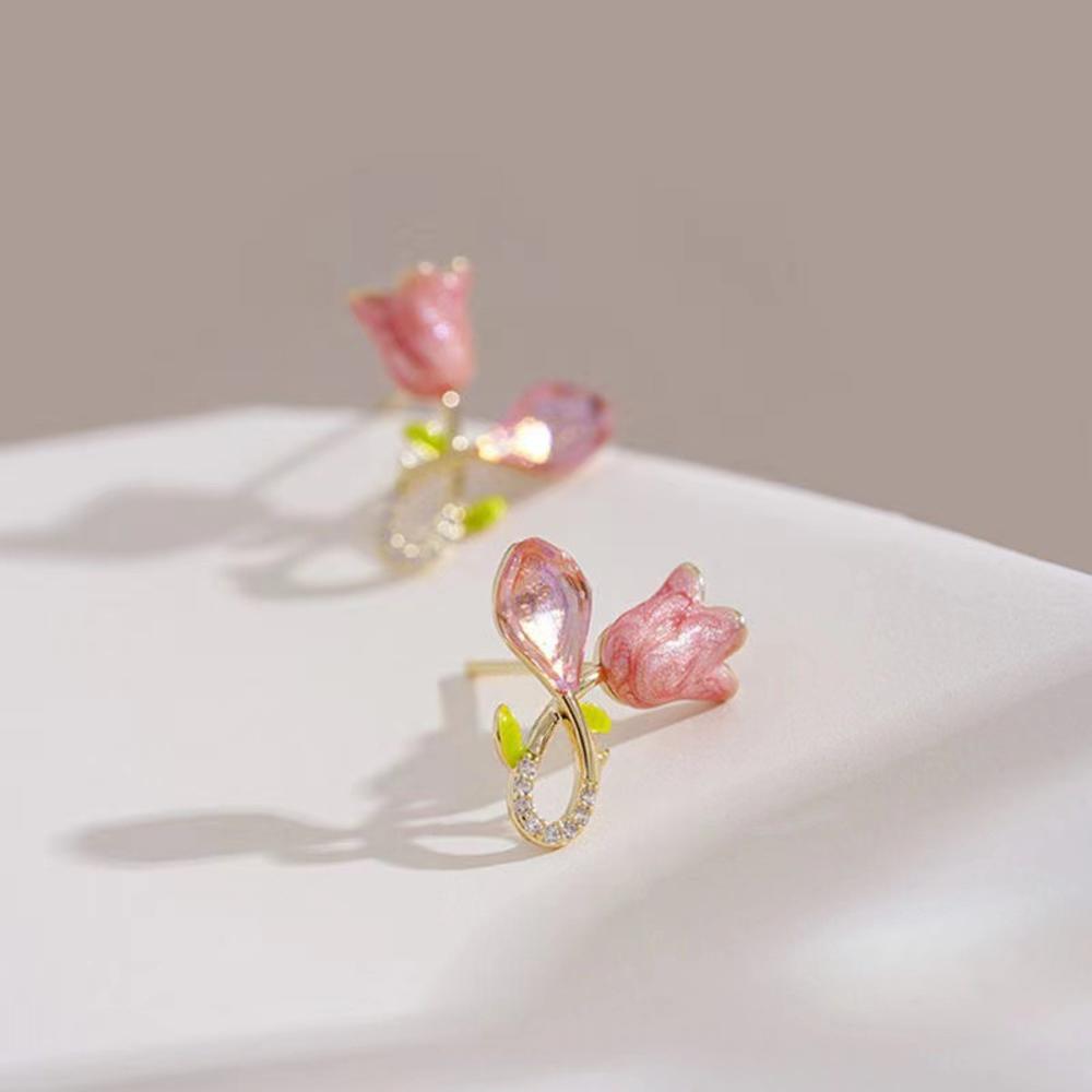 Cute Pink Tulip Crystal Stud Earrings