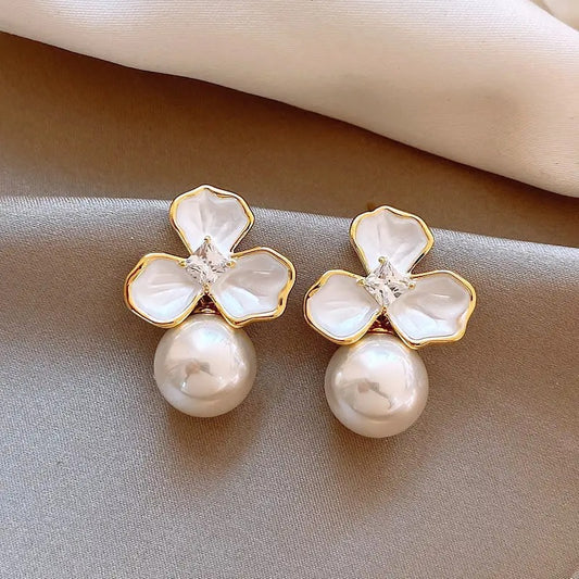 Three Leaf Flower Pearl Earrings