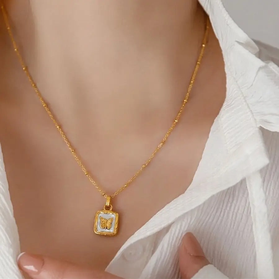 Butterfly Studded In Shell Square Necklace