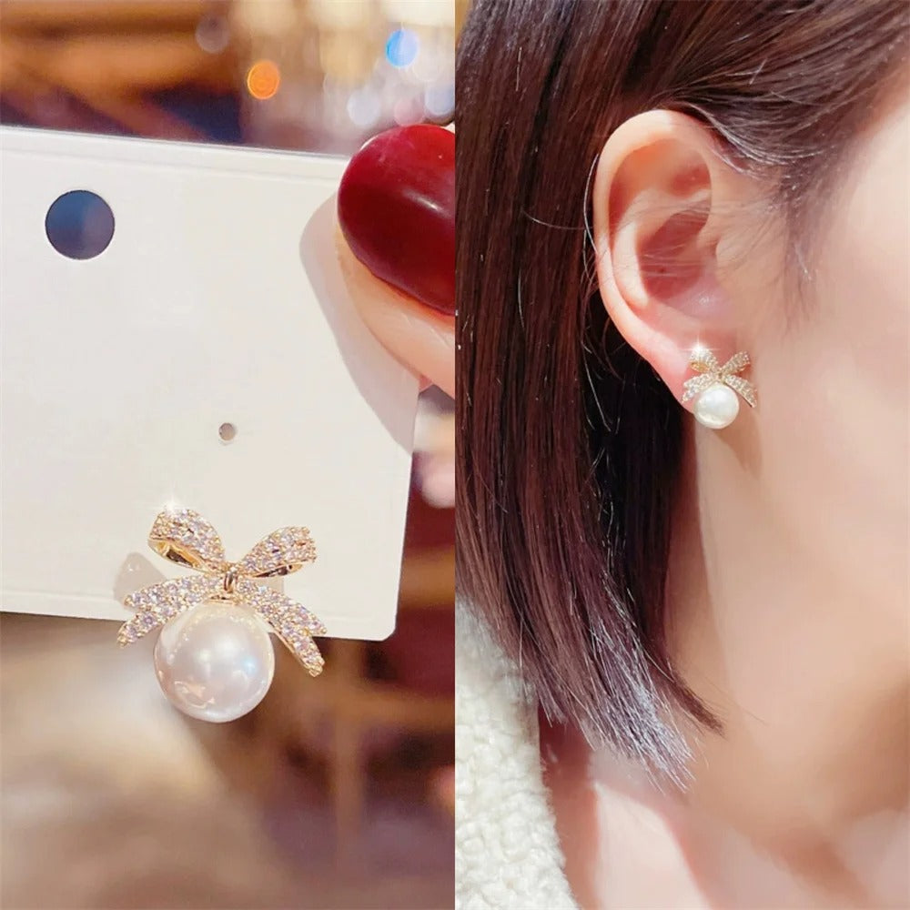 Trendy Pearl Bow Earrings