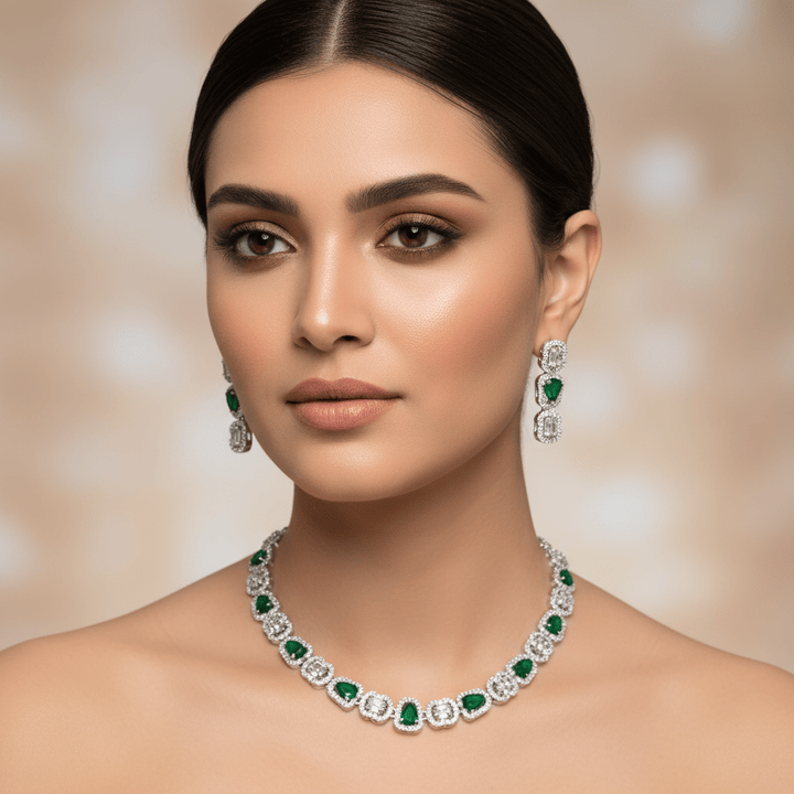 Radiant American Diamond Green Stone Jewelry Set