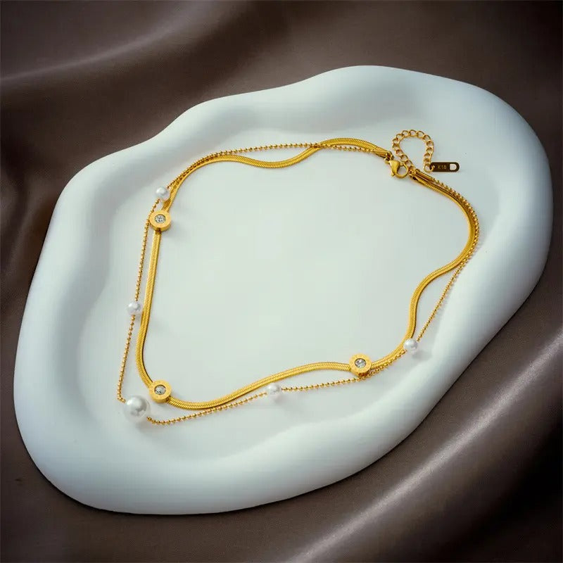 Roman Round Zircon With Pearl Chain Necklace