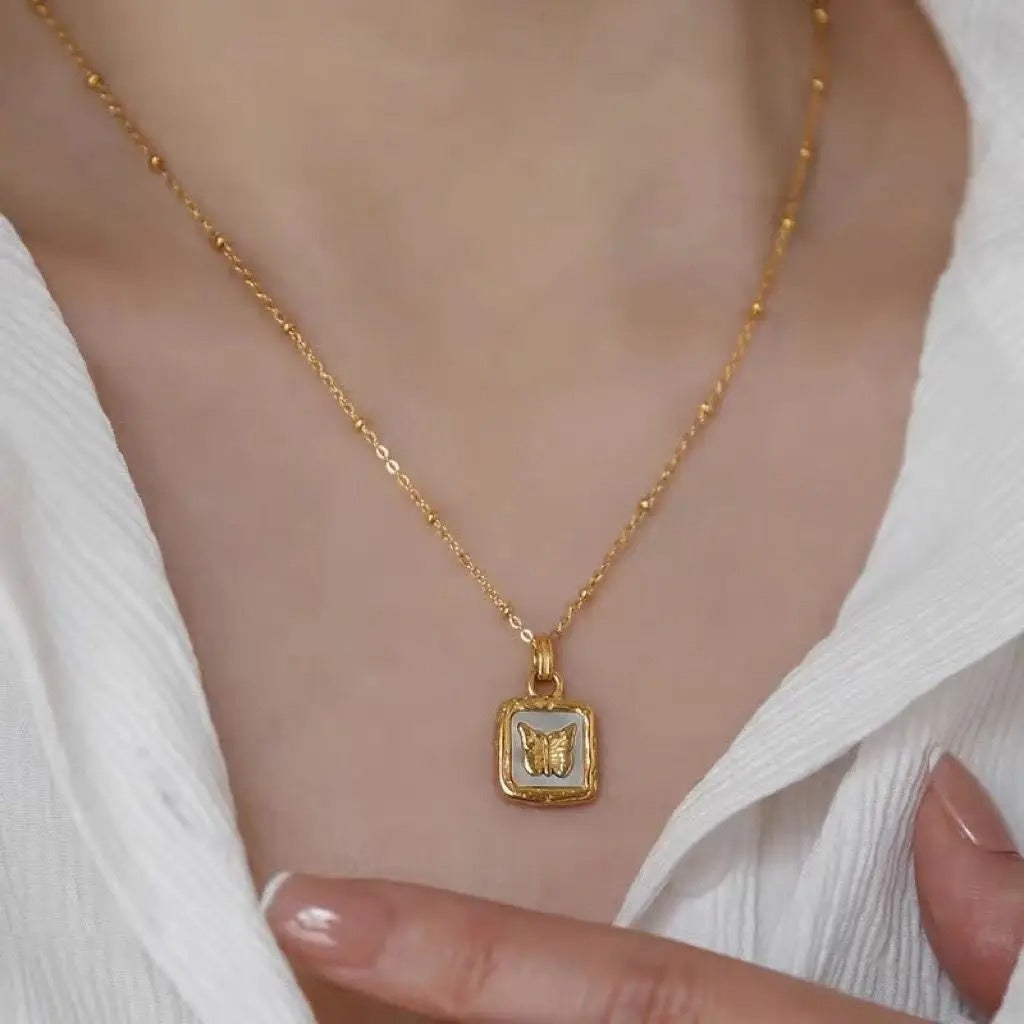 Butterfly Studded In Shell Square Necklace