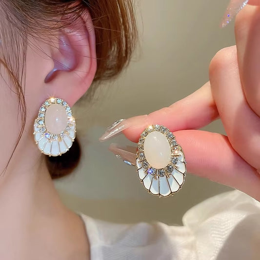 Milky White Drip Oil Opal & Stones Studded O-shaped Earrings