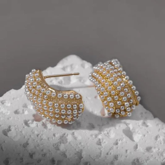 Micro Inlaid Pearls Wavy S-Shape Stud Earrings