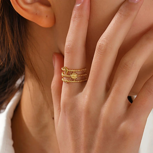 Anti-TarnishLeaf Moon, Stars & Sun Three Layer Ring