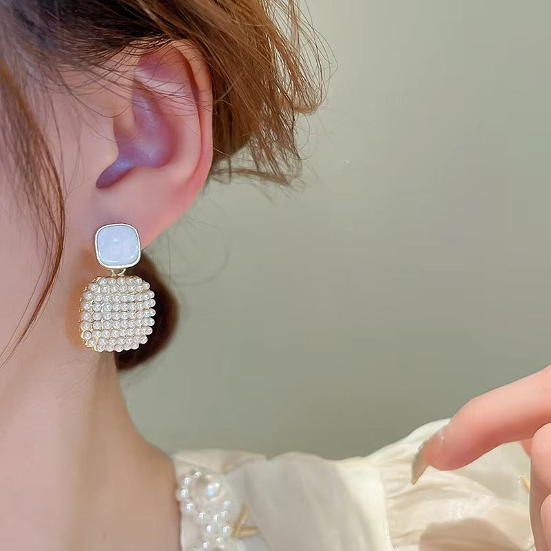 Geometric Pearl Square Drop Earrings