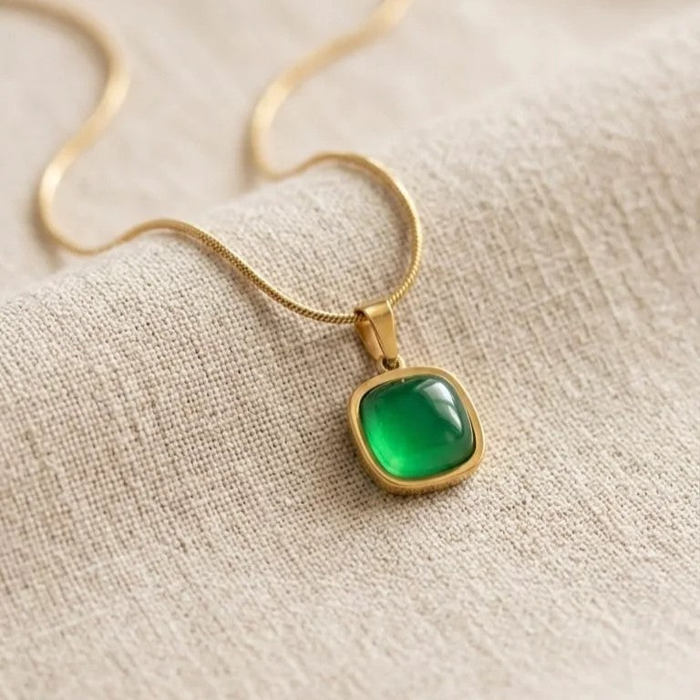 Anti Tarnish Elegant Square Green Emerald Chain Necklace
