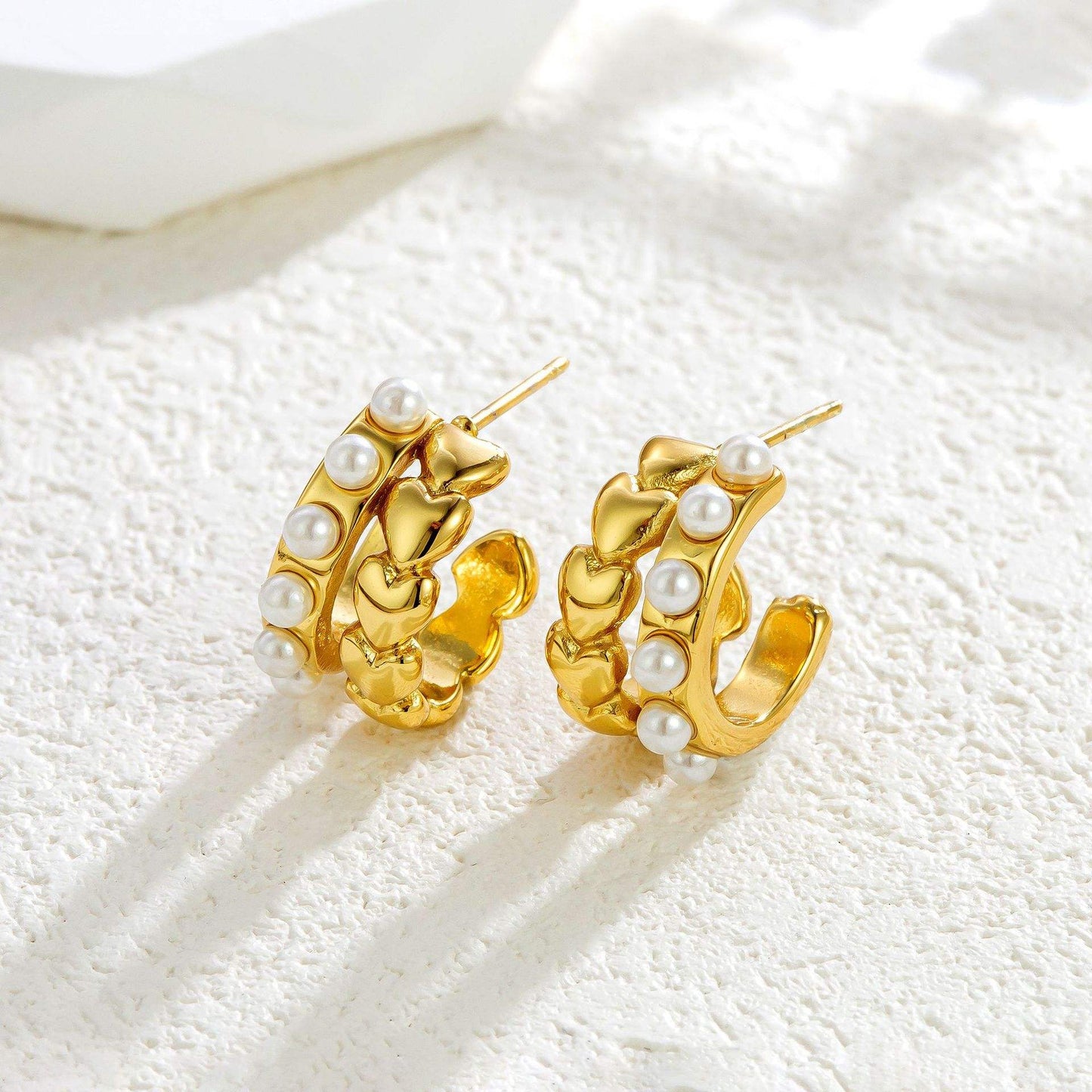 Anti Tarnish Heart And Pearl Hoop Earrings