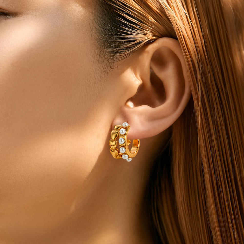 Anti Tarnish Heart And Pearl Hoop Earrings