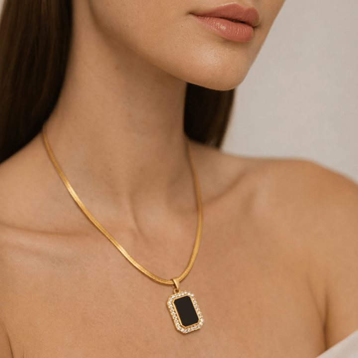Anti Tarnish Black Square Diamond Pendant Necklace