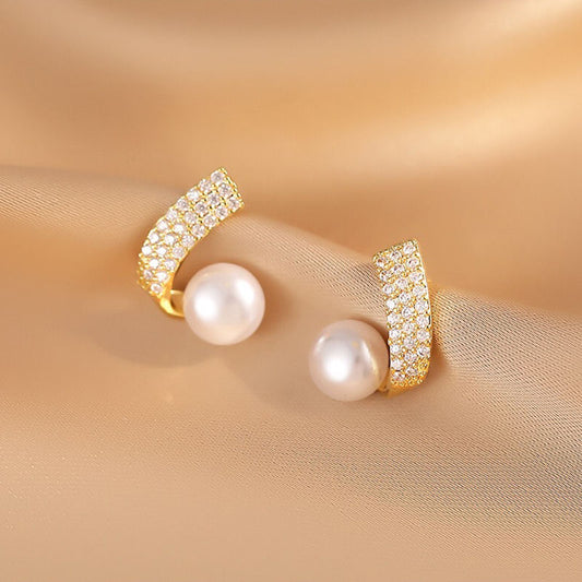 Elegant Zircon Dangle Pearl Leaf Stud Earrings