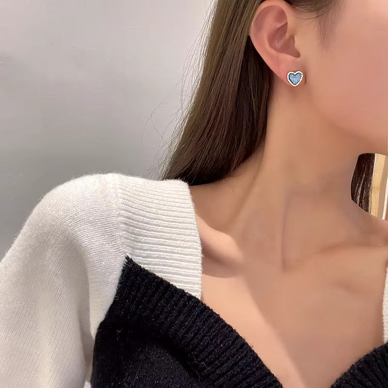 Korean Blue Heart Stud Earrings