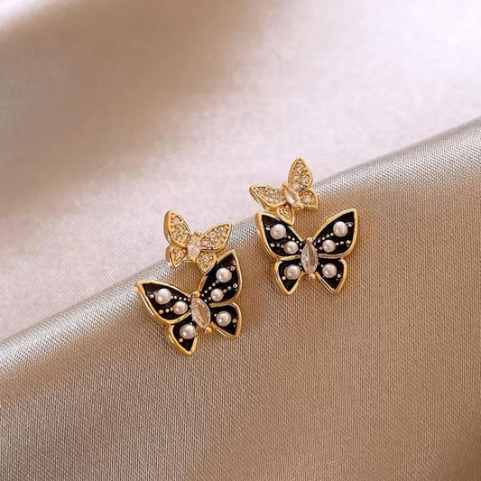 Dual Butterfly Drip Glaze Pearl Stud Earrings