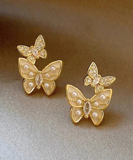 Dual Butterfly Drip Glaze Pearl Stud Earrings