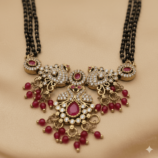 Elegant Gold Plated Ad Stone Peacock Mangalsutra With Earrings