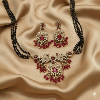 Elegant Gold Plated Ad Stone Peacock Mangalsutra With Earrings