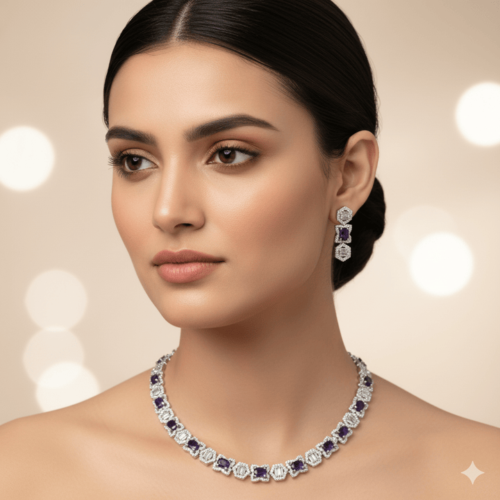 Radiant American Diamond Purple Stone Jewelry Set