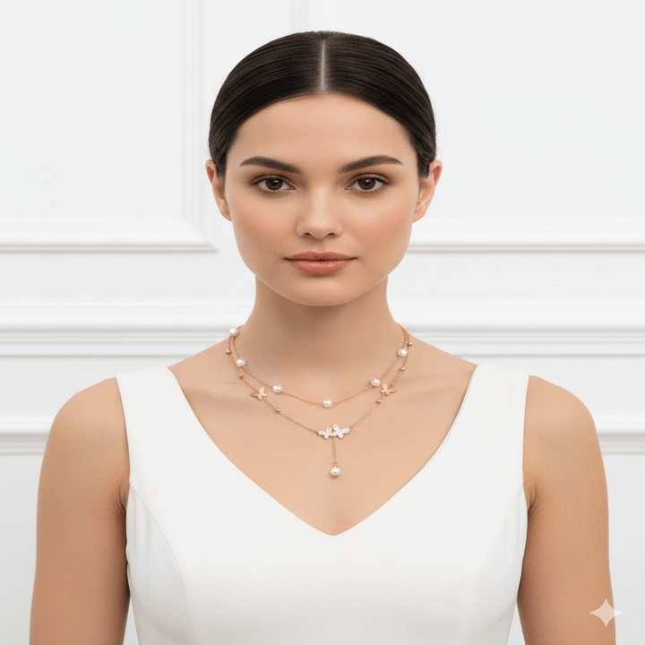 Anti Tarnish Double Layer Butterfly Pendant Chain Necklace
