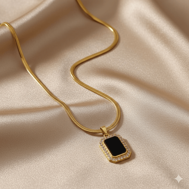 Anti Tarnish Black Square Diamond Pendant Necklace