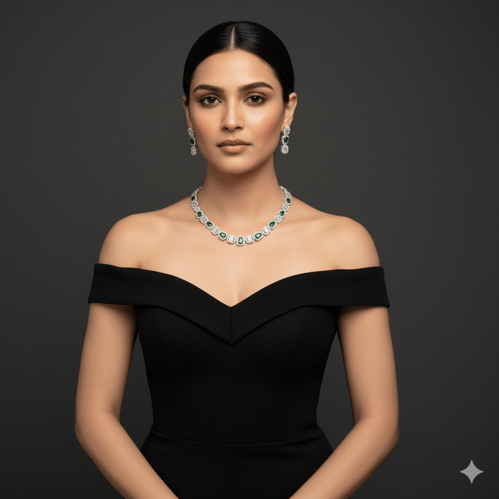 Radiant American Diamond Green Stone Jewelry Set