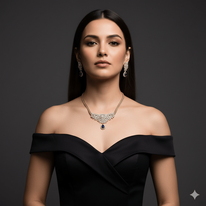 Elegant American Diamond Blue Stone Jewelry Set