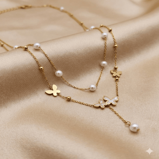 Anti Tarnish Double Layer Butterfly Pendant Chain Necklace