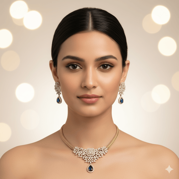 Elegant American Diamond Blue Stone Jewelry Set